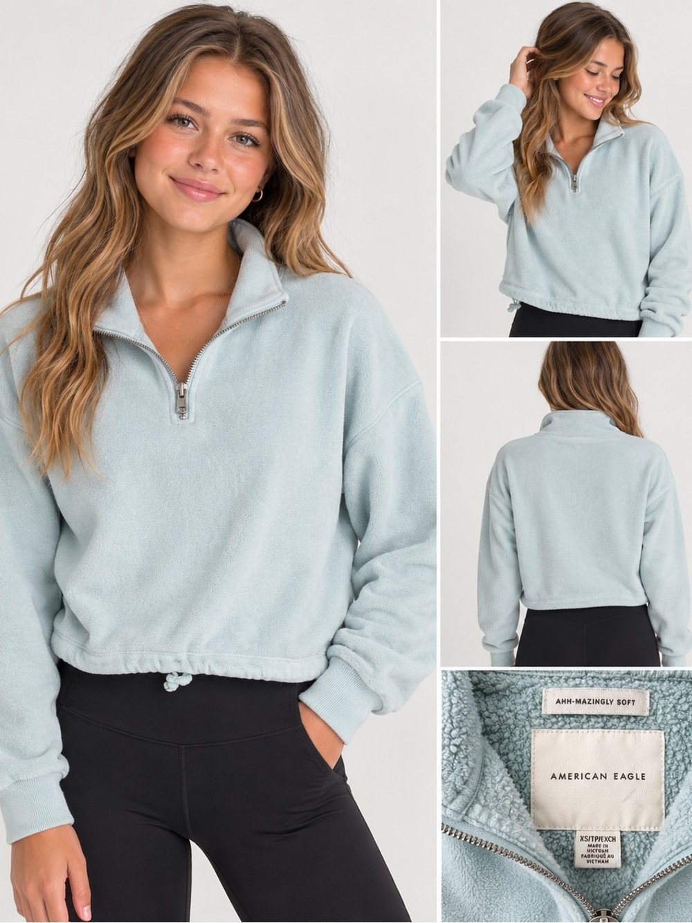 American Eagle AHH-MAZINGLY SOFT Sherpa Quarter Zip Pullover – XS – Light Blue